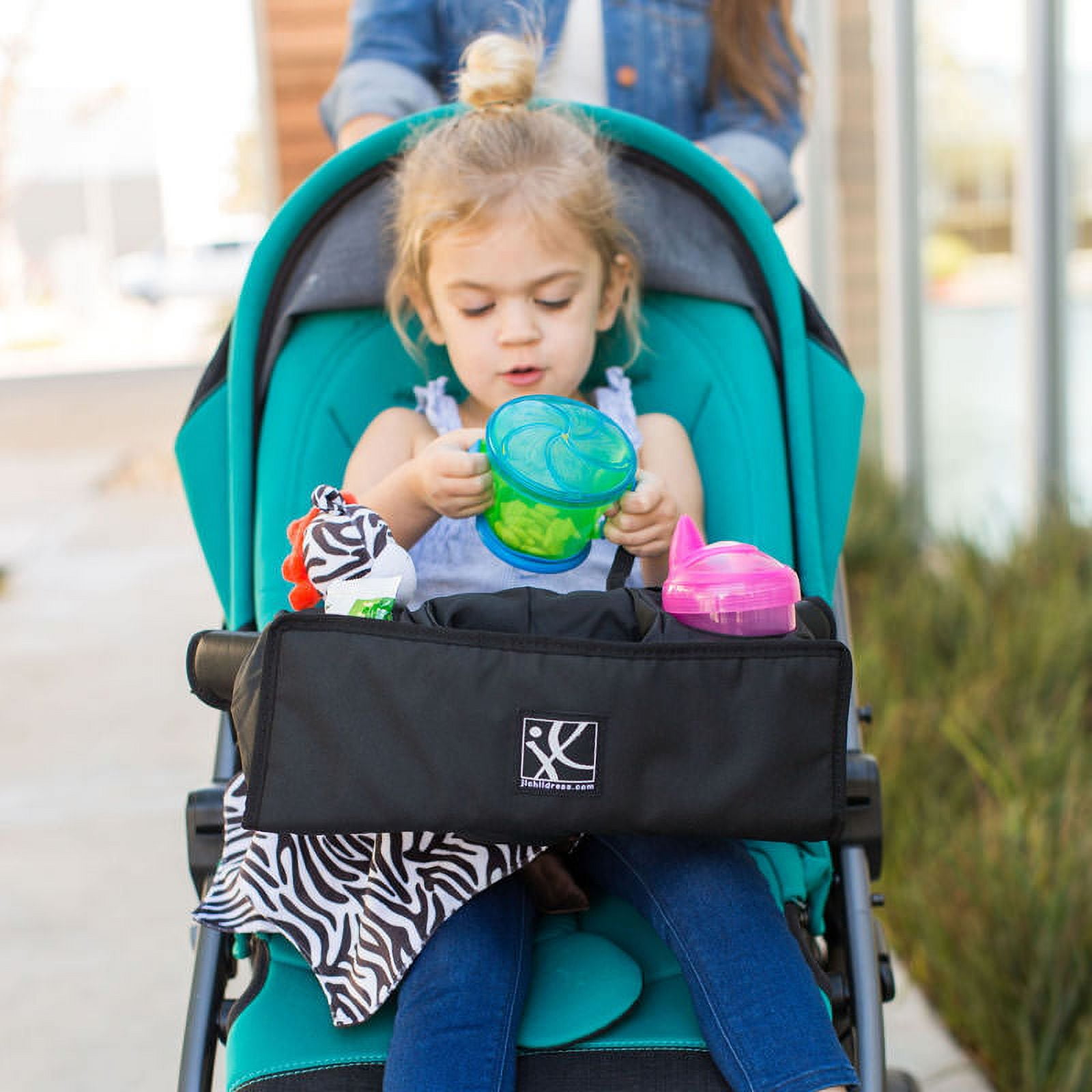 J.L. Childress Food 'N Fun Universal Stroller Snack Tray - Cup Holders, No-Throw Strap - Black