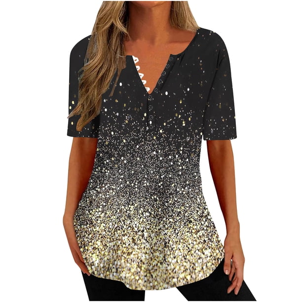 Tops Cortos para las Mujeres Impresas Blusas Botón Camiseta Manga Corta Cuello en V, Top de Moda para Primavera Verano