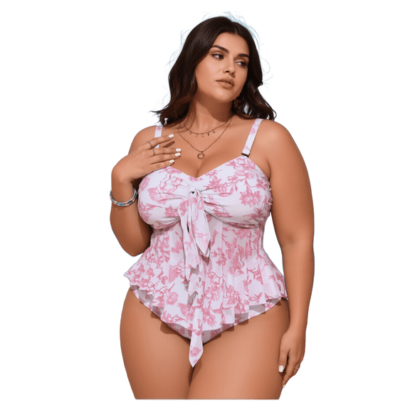 Pink White Floral Tie Front Ruffled Tankini One Piece Swimsuit