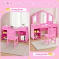 thumbnail image 4 of UHOMEPRO Kids Vanity Table with Chair Set, Princess Makeup Vanity Sets with Mirror & Storage Cabinet and Shelves, 2 In 1 Wooden Dressing Table with Drawers and Desk for Little Girls 3-8, Pink, 4 of 11