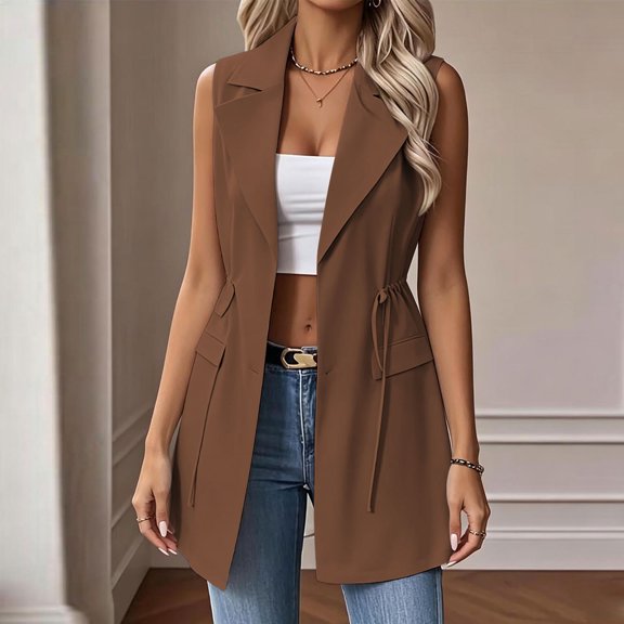 Women's Casual Sleeveless Jacket Baeitkot Women's Solid Color Business Casual Long Style Lapel Sleeveless Suit Jacket Coffee L