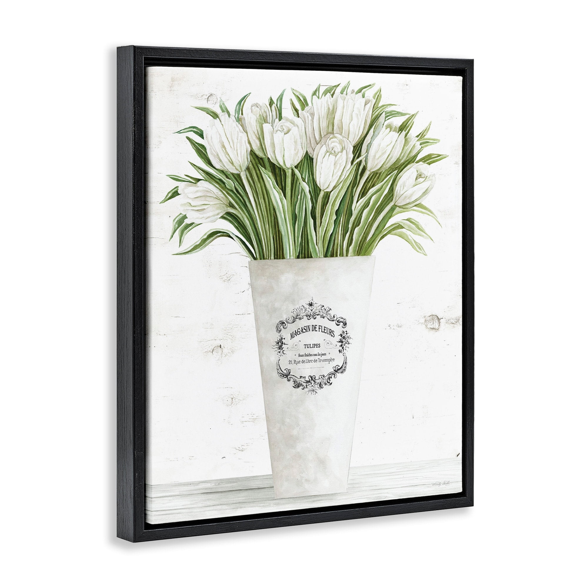 Stupell Industries White Tulip Bouquet in Parisian Vase Floral Arrangement Jet Black Framed Floating Canvas Wall Art, 24x30, by Cindy Jacobs