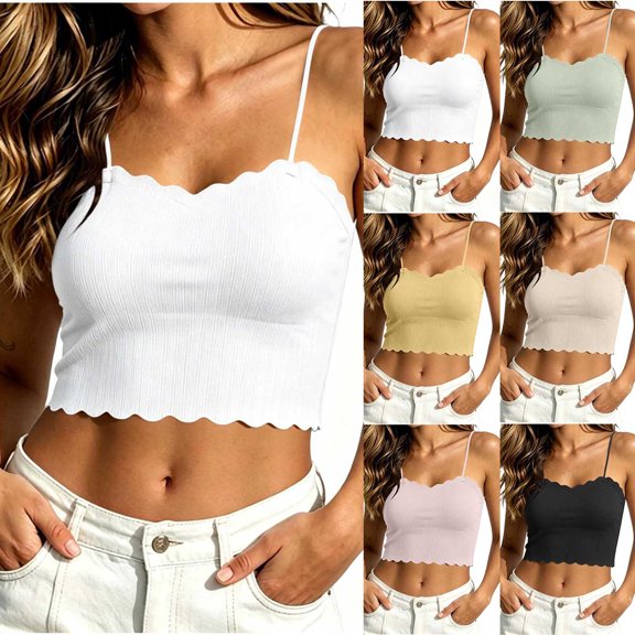 Purcolt Womens Summer Tank Tops Trendy Casual Ribbed Knit Scalloped Trim V Neck Spaghetti Strap Camisole Comfort Sleeveless Cropped Blouses Layering Going Out Tops