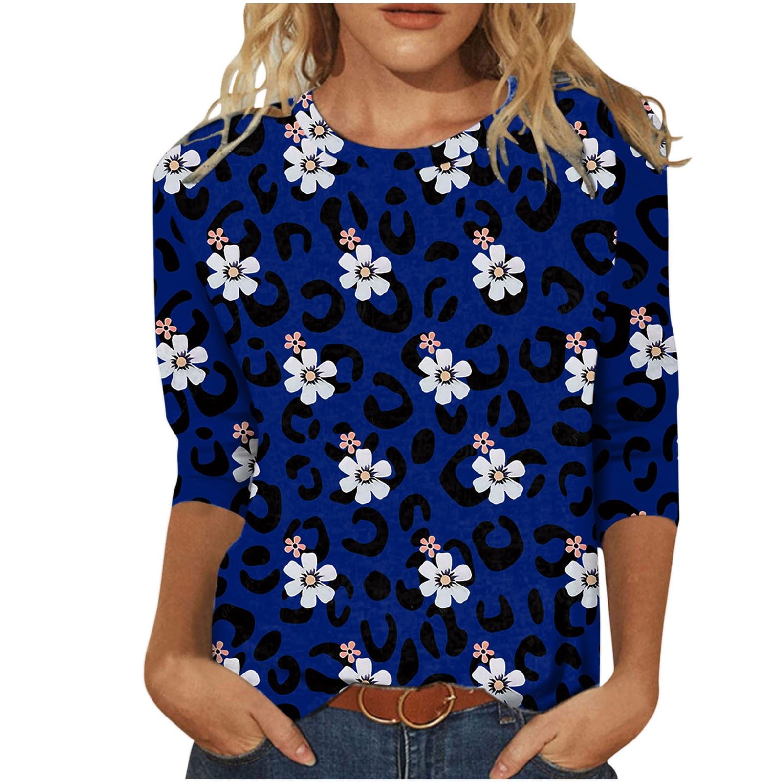 Qcmgmg Loose Tops for Women Blouses Tunic Loose Fit Crew Neck 3/4