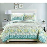 3-Piece Fine Printed Quilt Set Reversible Bedspread Coverlet Full/Queen Size Bed Cover (Aqua Blue, Sage Green, Grey)