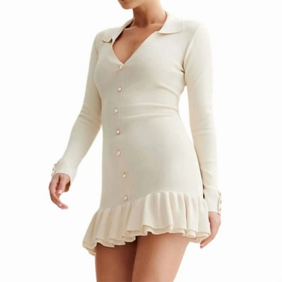 Women'S Long Sleeve Ruffle Hem Knit Sweater Dress Collared Back Tie Knot Cut Out Mini Bodycon Dress White M