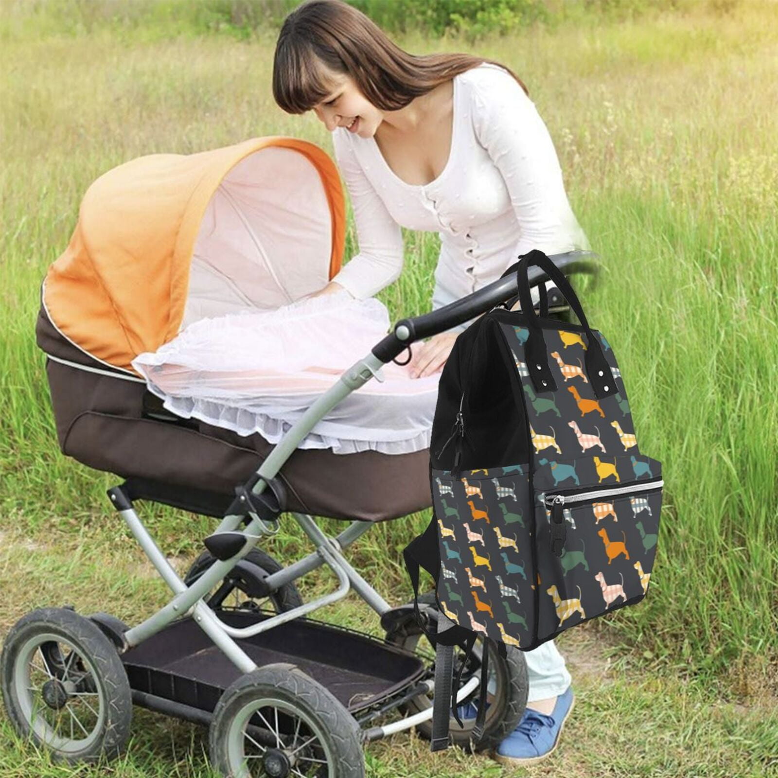 Ratiio Plaid Dachshund Mummy Backpack - Waterproof Twill Canvas, Large Capacity Diaper Bag with Multiple Pockets and Adjustable Straps
