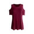 thumbnail image 4 of Wang6 Plus Size Cold Shoulders T Shirts for Women Summer Loose Fit Short Sleeve Tops Causal Crew Neck Solid Tees 0629LiBrick Red S, 4 of 5