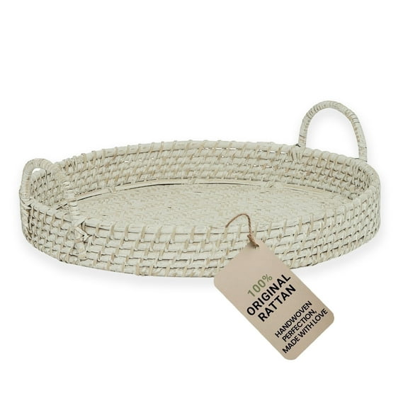 Amara Handmade 14" Small White Bamboo Serving Tray, Round Boho Basket with Handles