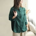 thumbnail image 5 of YUEHUA Women's Linen Blend Ruffle Trim Button Up Shirt, High Neck Long Sleeve Loose Fit Blouse, Vintage Style Casual Top, 5 of 6