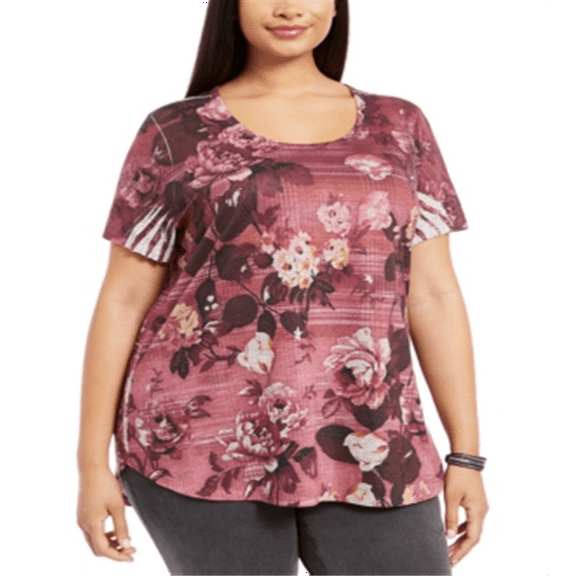 Style & Co.Women's Printed Short Sleeve T-Shirt Red Size 0X