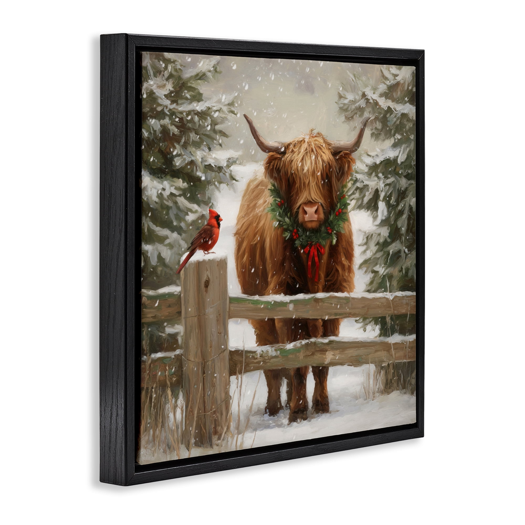 Stupell Industries Christmas Cow & Cardinal Black Framed Floater Canvas Wall Art, design by Tina LeCour