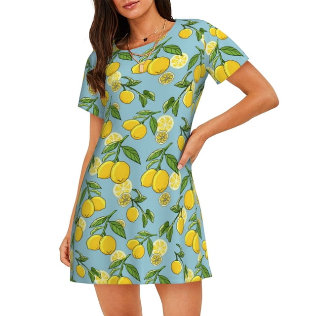 Fotbe Lemon (3) Bata de Dormir para Mujer con Estampado, Camisón de Algodón de Manga Corta, Ropa de Dormir Casual