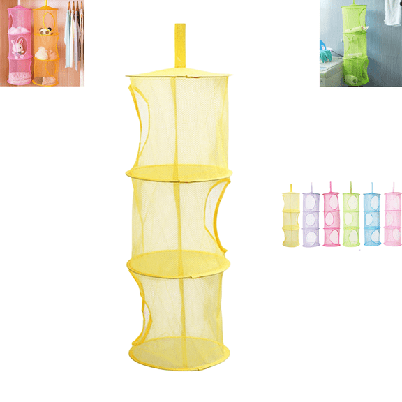 3-Tier Hanging Mesh Storage Organizer, Foldable 3 Compartment Hanging Basket for Stuffed Animals, Toys, Clothes, Closet Bathroom Bedroom Space Saving Storage Hammock