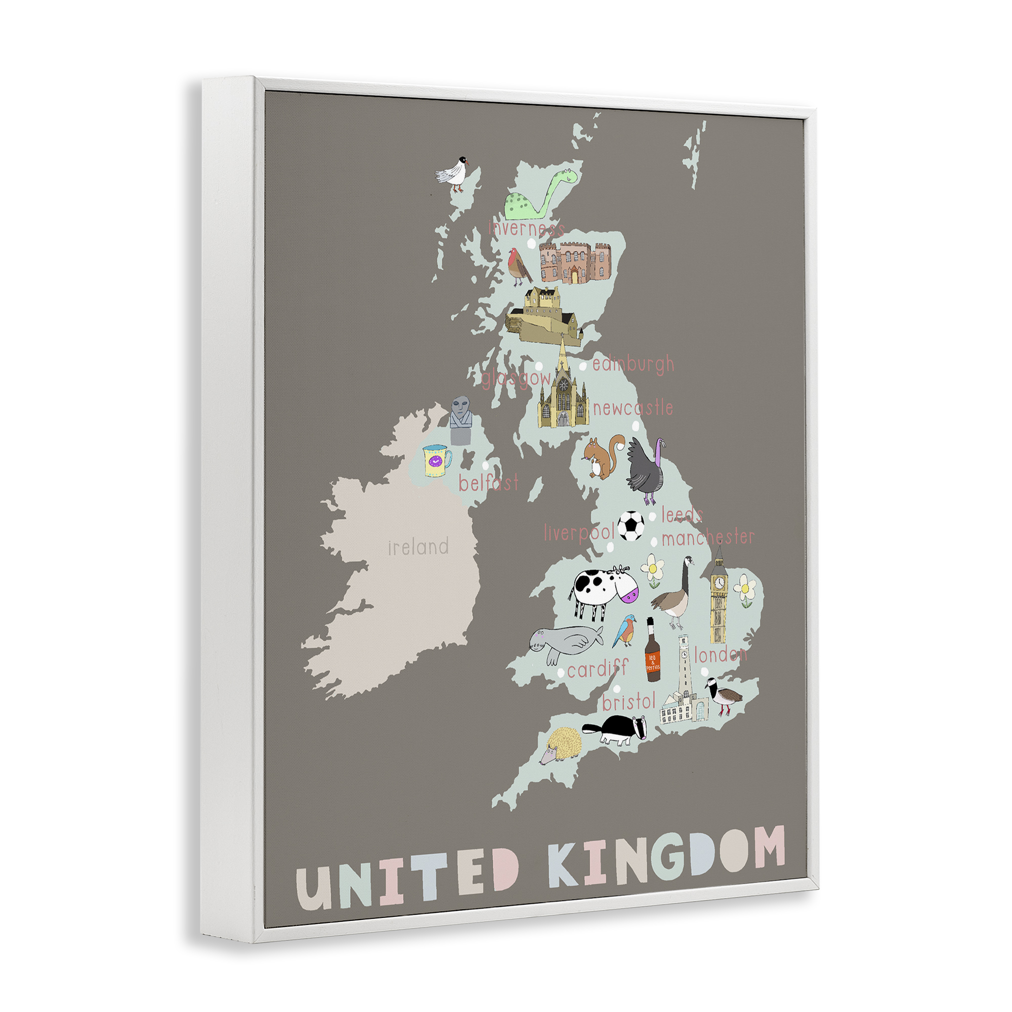 Kid's Map of United Kingdom White Framed Giclee Art, design by Carla Daly