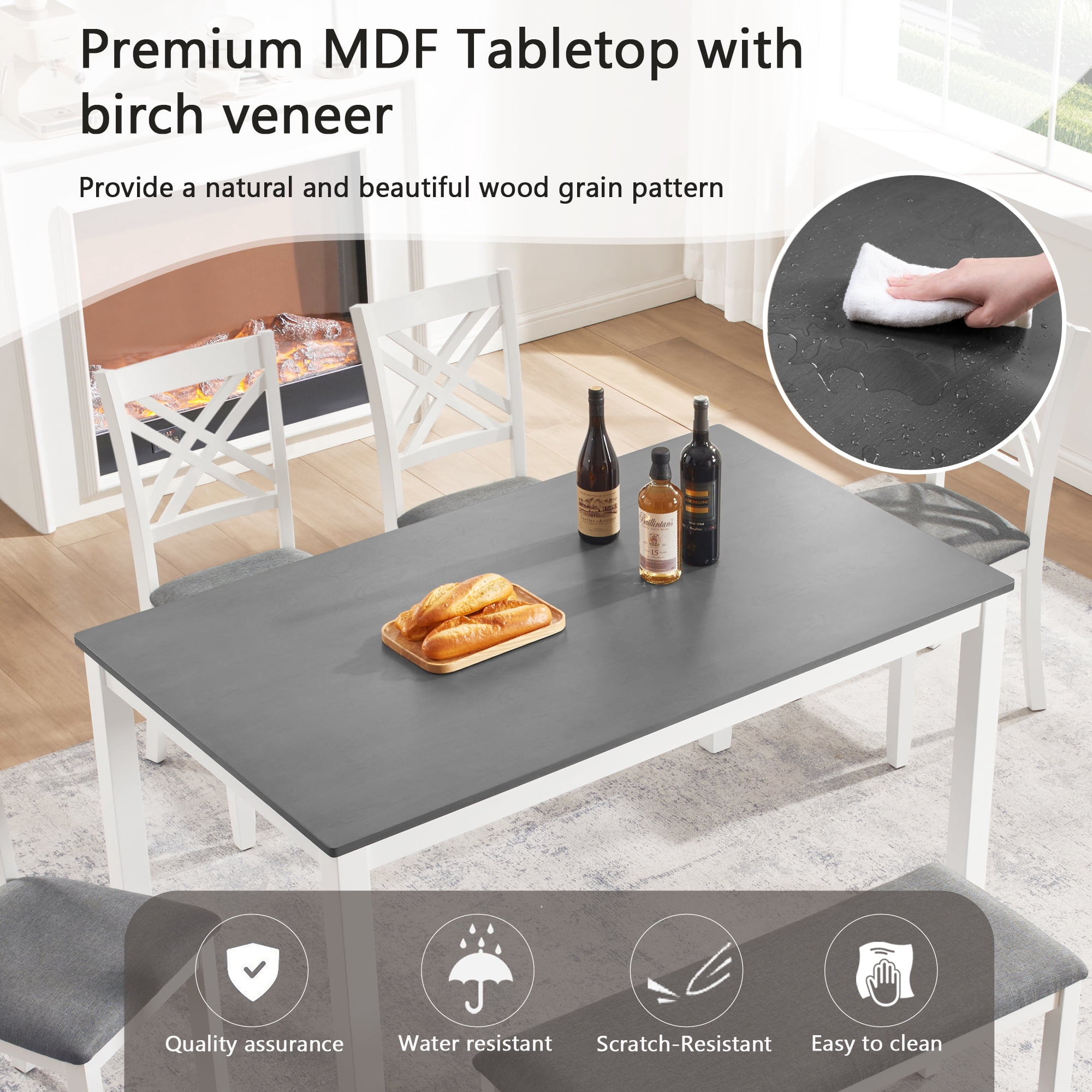 6 Piece Dining Set for 6, 58.5" Rectangular Dining Table with 4 Upholstered Chairs and a Bench