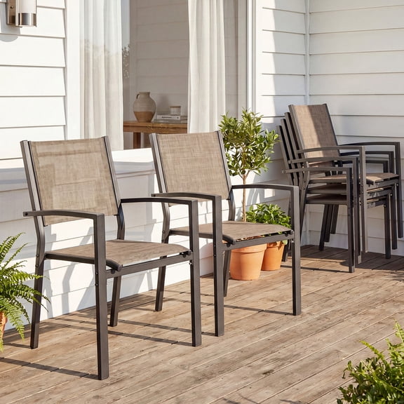 Vineego 6 Pack Stackable Patio Dining Chairs, Brown Breathable Textilene Outdoor Chairs with Armrest, Weather Resistant for Yard