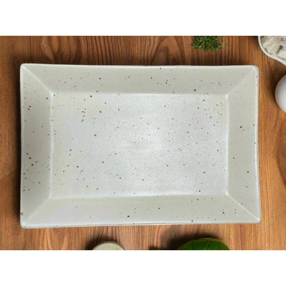 By The Earth Living Rectangular Serving Platter, Cream White Speckled, 12" x 4.5", Ceramic