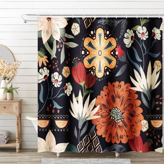 BSHAPPLUS® Dark Boho Folk Art Floral Shower Curtain, 72"x72" Vintage Bohemian Ethnic Flower Design, Waterproof Fabric with 12 Hooks, Moody Boho Chic Bathroom Decor