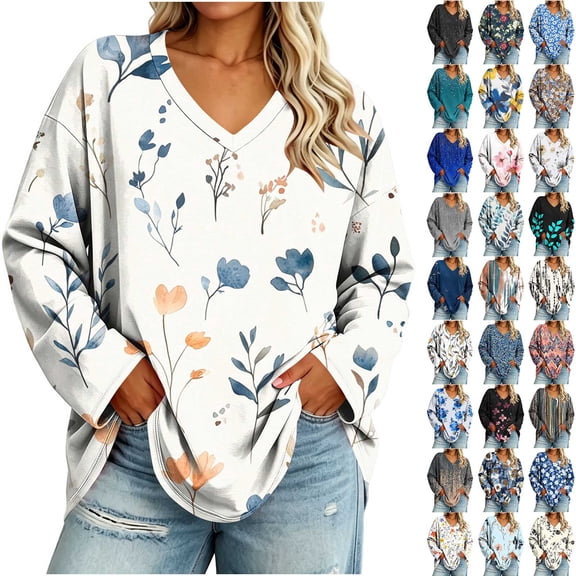 TARIENDY Womens Graphic T Shirts Plus Size Long Sleeve Fall Casual Tops Loose Fit Printed V Neck Lounge Tees Comfy Going Out Tops White L