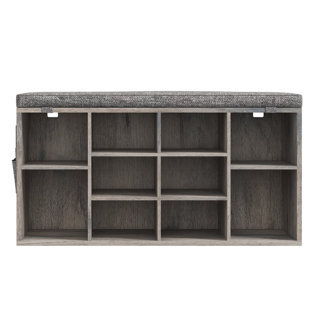 Shoe Storage Bench, 10 Cubbies Shoe Bench with Cushion and Side Pocket, 41 Inch Entryway Shoe Organizer, Cubby Shoe Rack with Adjustable Shelves for Entryway Hallway, Gray