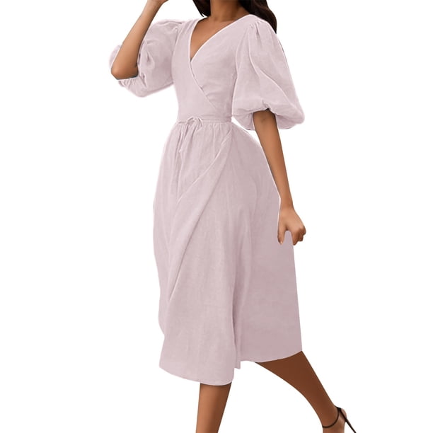 Gibobby Vestido de gasa de verano para mujer Primavera y verano Nuevas mujeres europeas y Temperamento Color Sexy Slit Puff Sleeve Tie Dress(Morado,XL)