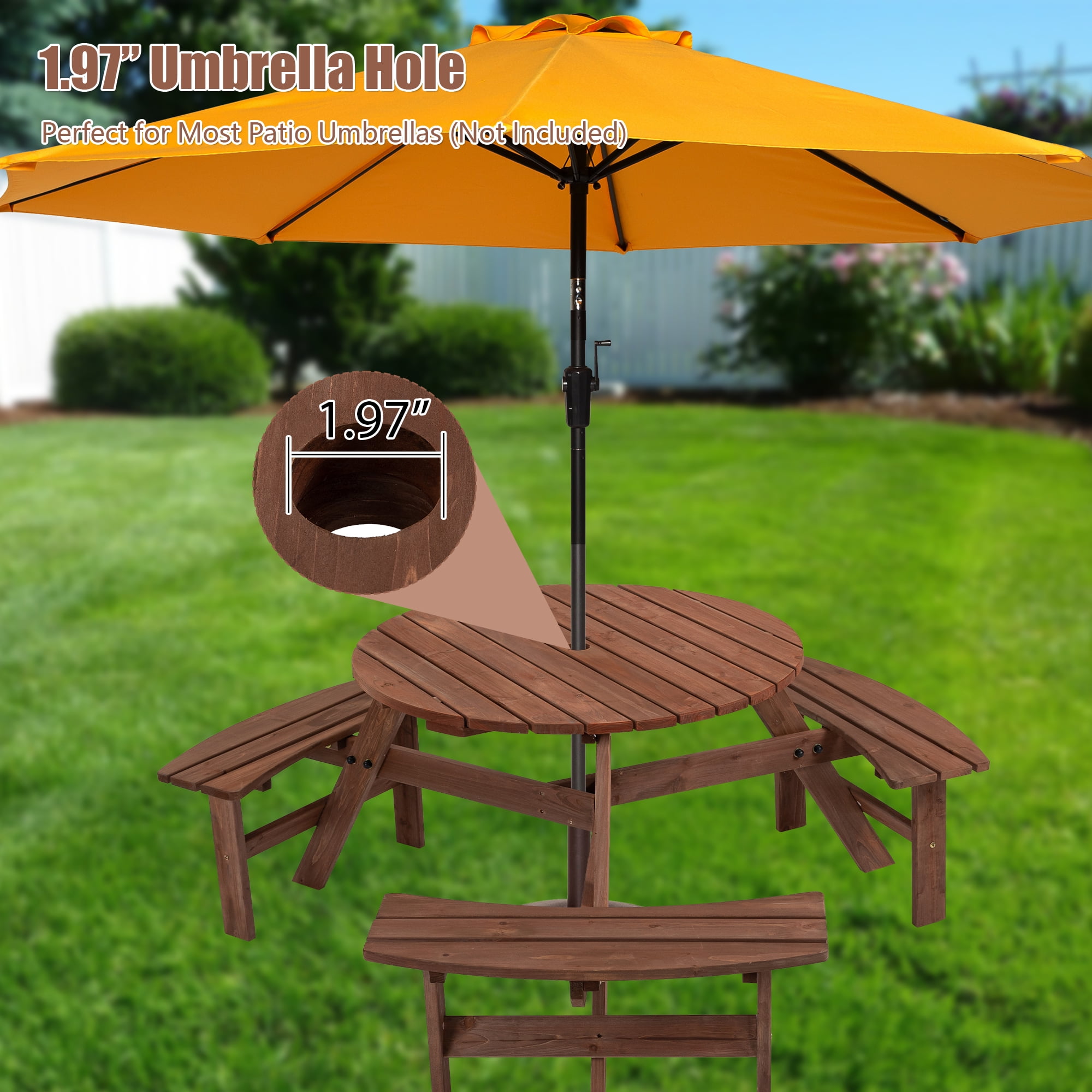 Aukfa 6-Person Outdoor Wood Picnic Table Patio Dining Table w/3 Benches,1720lb Capacity - Brown