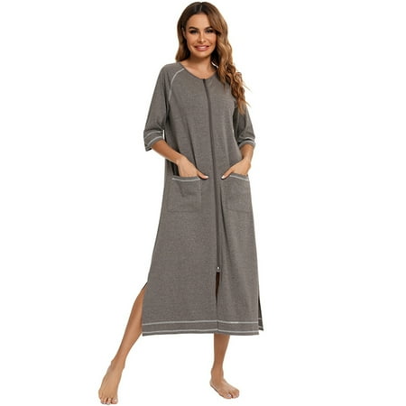 

Soft Pajamas for Women Ladies Zupora loose Cozy Fall/Autumn Sleepwear Robe Long Sleeves Round Neck Night Dress with Zipper Pockets Casual Nightgown S-2XL