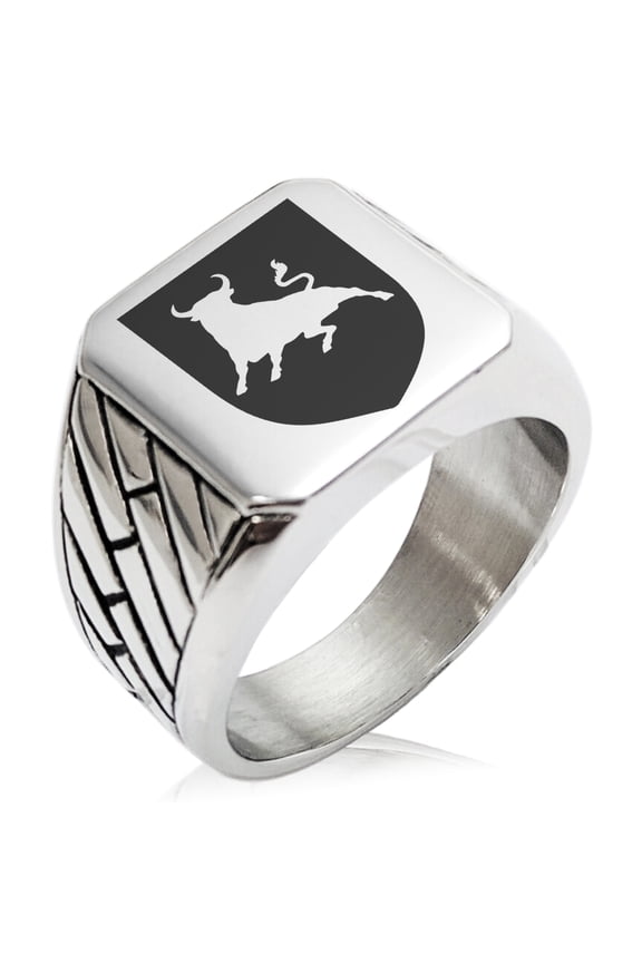 Stainless Steel Bull Bravery Coat of Arms Shield Geometric Pattern Biker Style Polished Ring