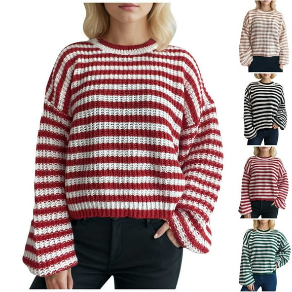 Karight Women's Fall Winter Oversized Long Sleeve Striped Sweater Casual Crewneck Side Split Pullover Knit Tops