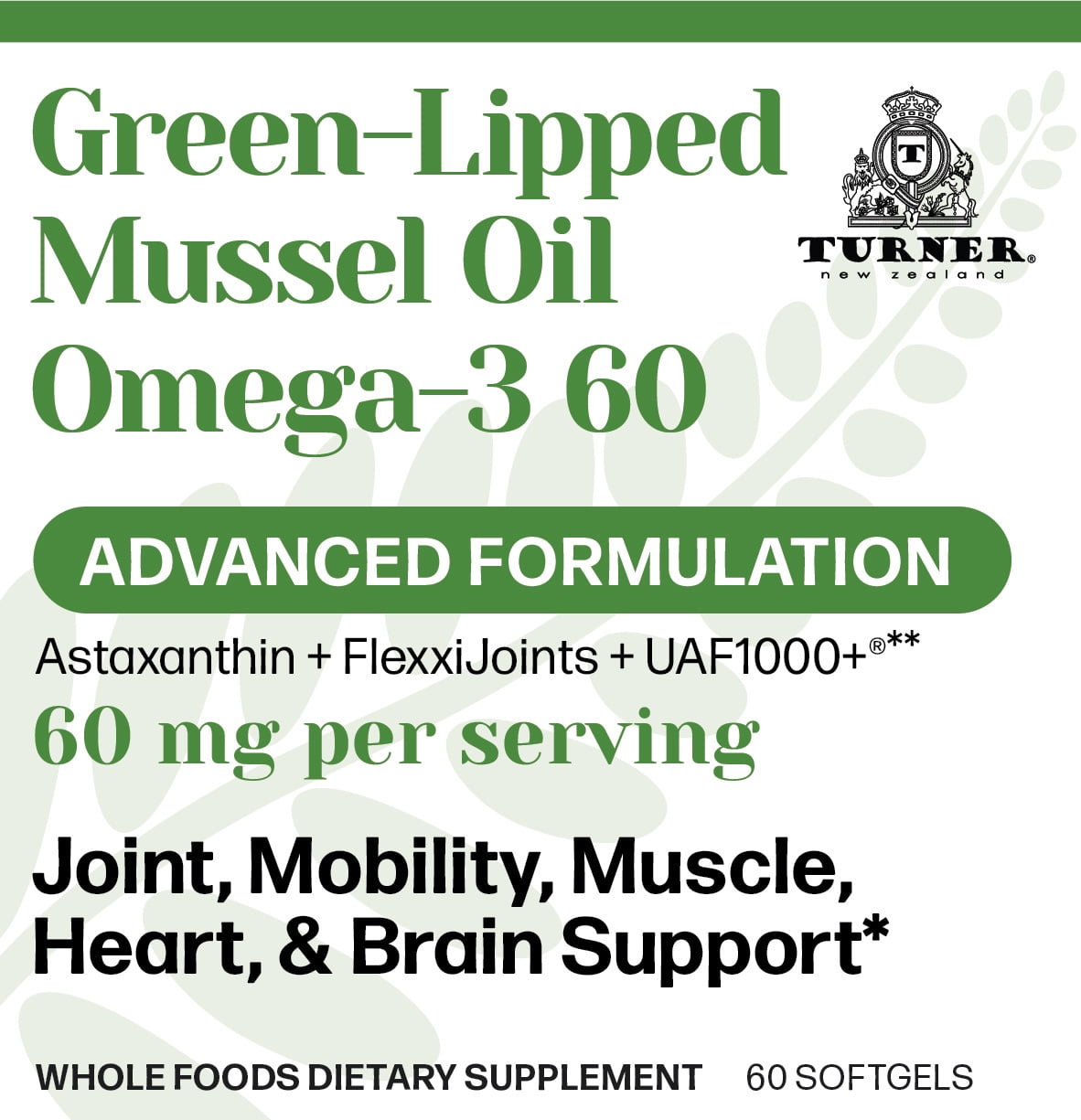 TURNER Green Lipped Mussel Oil Omega 3 Supplement Capsules, 2 Pack, 120 Count
