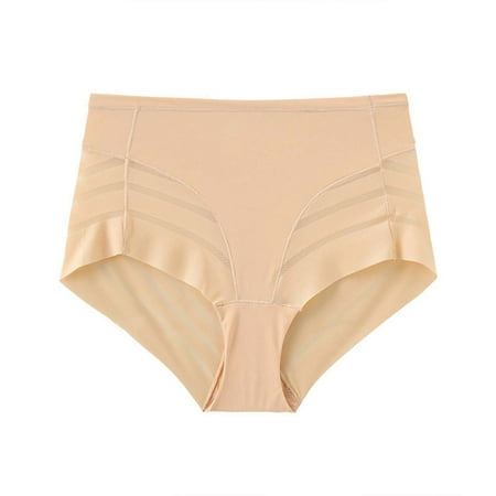 BYHONG Women s Transparent Striped Mesh Briefs High Comfortable Ice Silk Briefs Women Panties Beige M