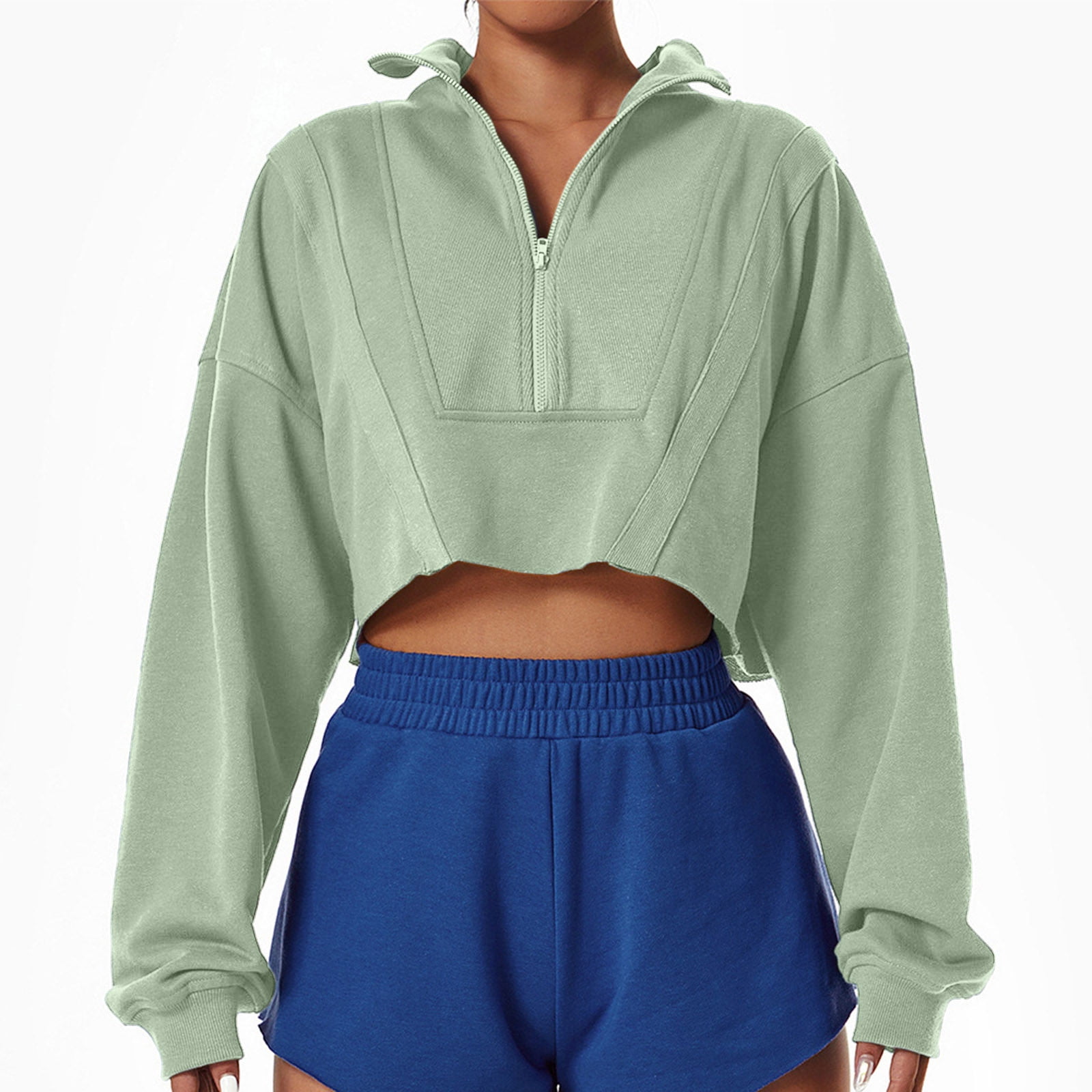 RQYYD Women's Quarter 1/4 Zipper Collar Cropped Sweatshirt Long Sleeve Half  Zip Up Crop Top Pullover Jogger Green M - Walmart.com