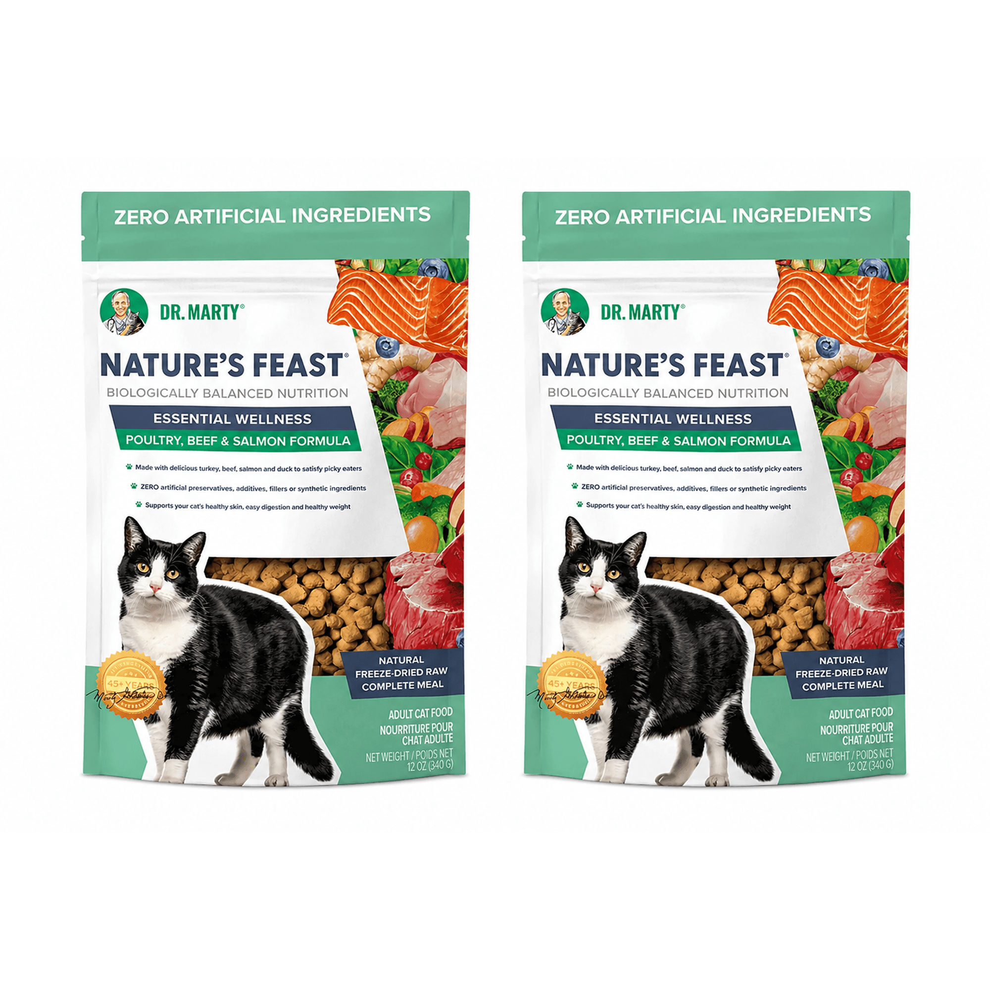 Dr. Marty Nature's Feast Essential Wellness Beef, Salmon, & Poultry Blend Freeze Dried Raw Cat Food, 12 oz (2 Bags)