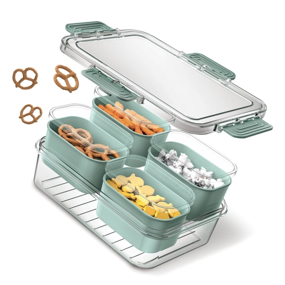 Cook With Color 4-Compartment Mini Snackle Box, Charcuterie and Snack Container, Divided Serving Tray with Lids, Dishwasher Safe, Sage
