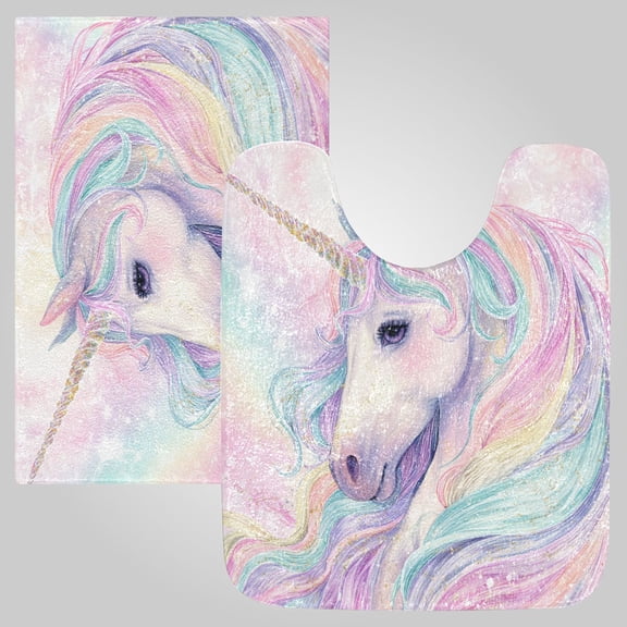 RMDQTR 2PCs Bathroom Rugs Set Plush Toilet Base Mat 16" × 24" Bath Mat and 20" × 24" U Shape Soft Rugs Non Slip Absorbent Magical Unicorn Pastel Sky