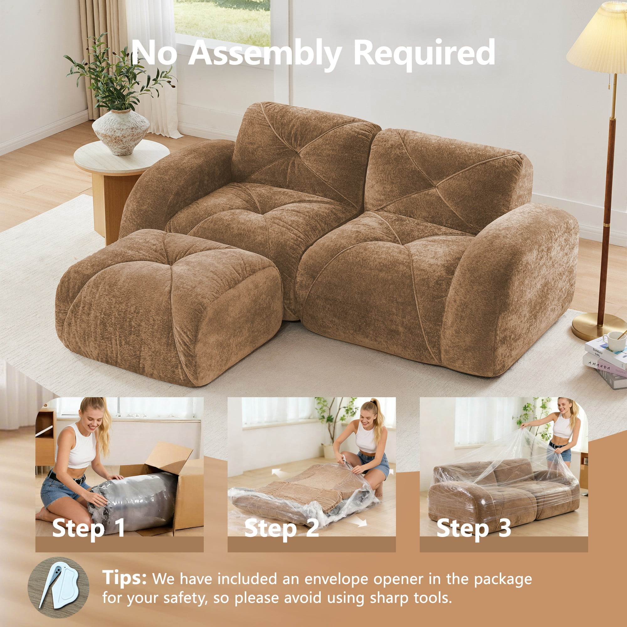 L-Shaped Boneless Sofa, Soft Velvet Fabric, Tufted Design, 32D High Density Sponge, No Assembly Required, Ergonomic Design Bottom, Anti-Slip Design, Movable Ottoman for Bedrooms (Camel)