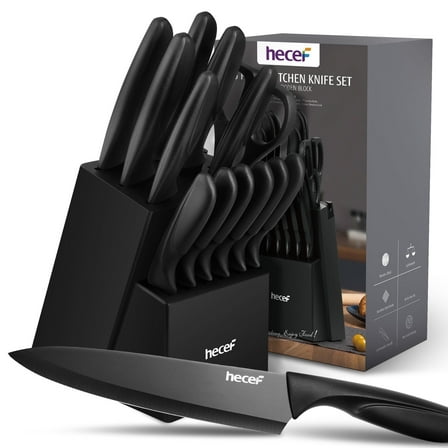 Hecef 15-Piece Kitchen Knife Block Set, Dishwasher Safe Stainless Steel Cutlery