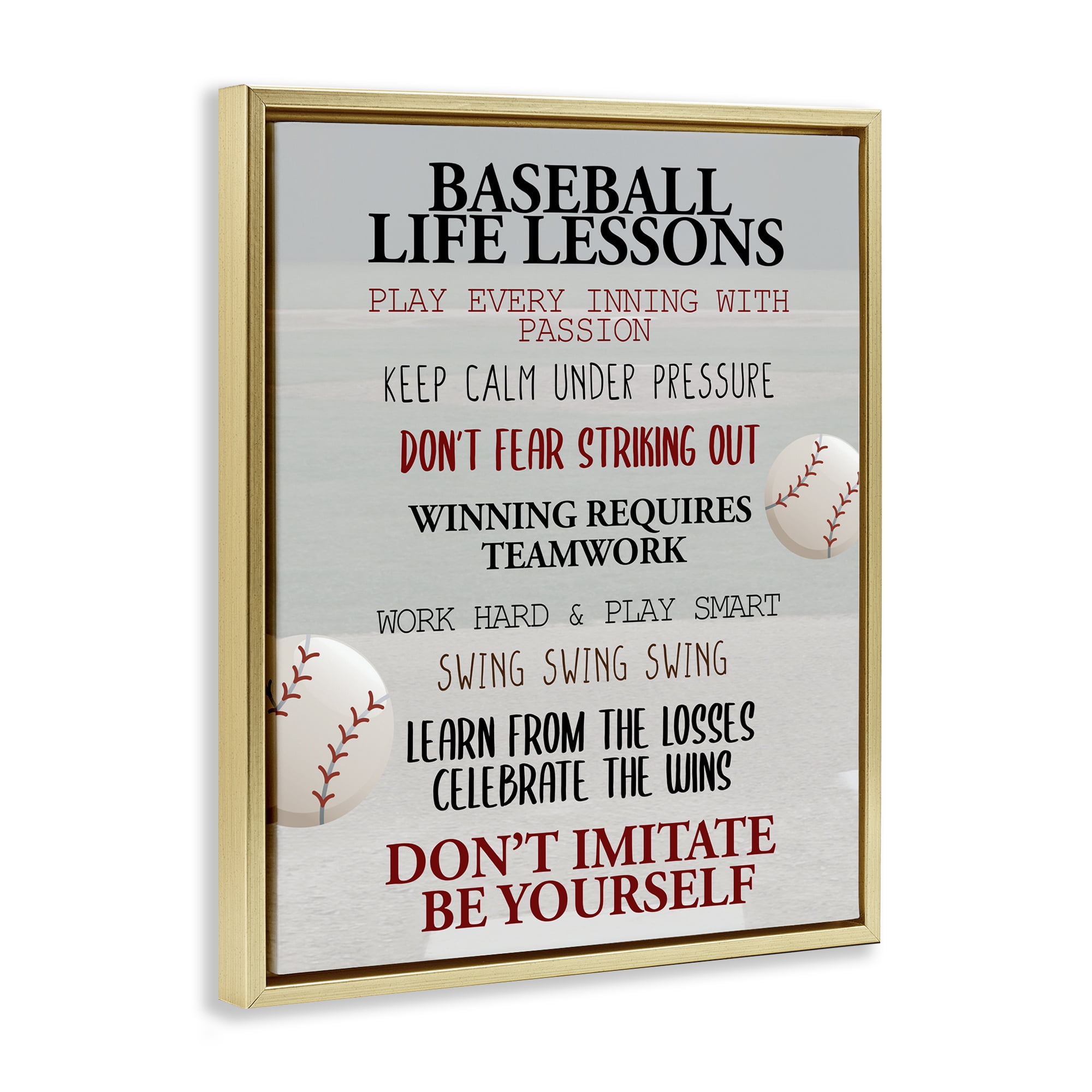 Baseball Life Lessons Gold Framed Floater Canvas Wall Art, design by Kim Allen