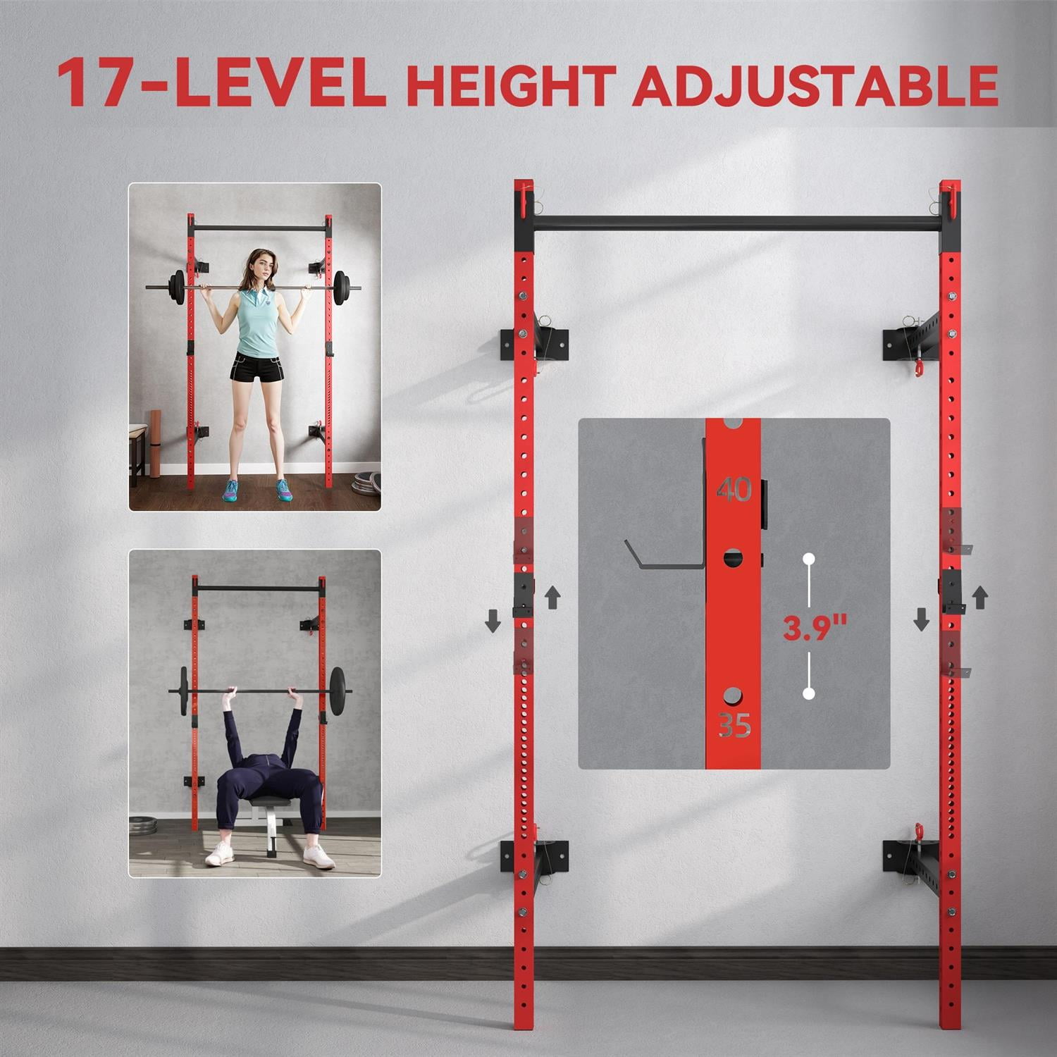 Demi Bonn Folding Squat Rack with Pull Up Bar - Wall Mounted, Adjustable 1000 LBS Capacity Power Rack ,Red