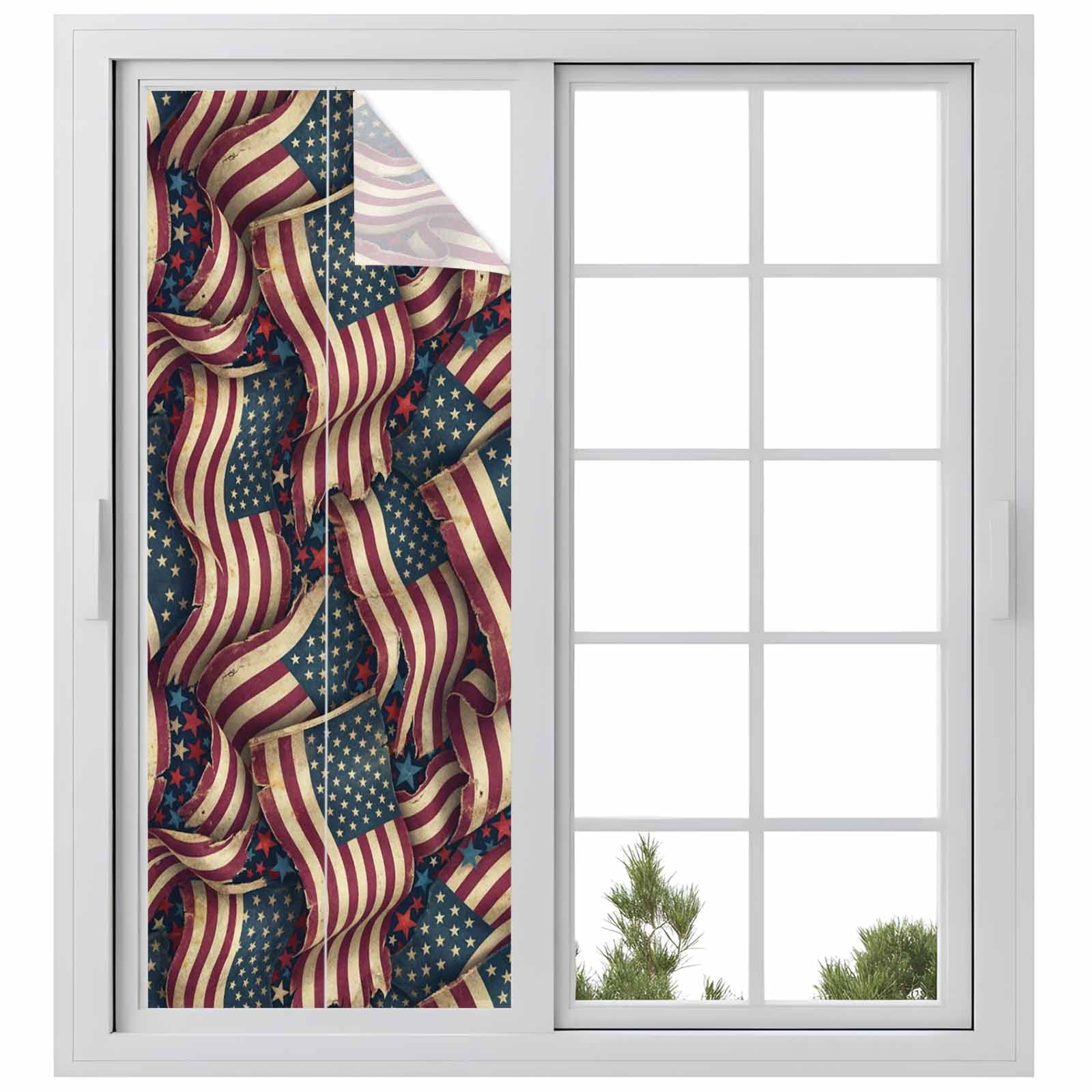 Independence Day Window Privacy Film, Red Blue USA Flag Retro Patriotic Stars Stripes Static Cling UV Sun Blocking Tint Film Heat Control Windows Films for Bedroom Bathroom, Window Stickers 23.6"x59"