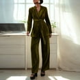 thumbnail image 2 of Women's Fashion Casual Long-Sleeved Solid-Colour Pleated Velvet Two-Piece Set with Belt and Straight-Leg Trousers, Elegant and Modern,Army Green,XL, 2 of 5