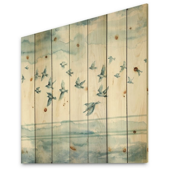Designart 'Indigold Bird Cottage Family VII' Animals Print on Natural Pine Wood