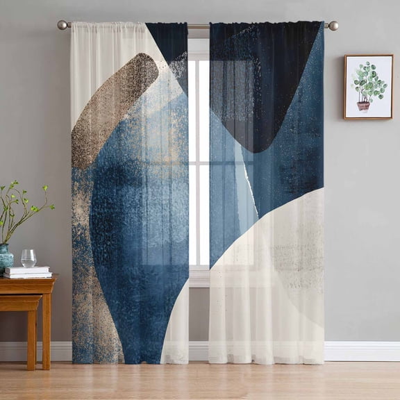 Navy Blue Sheer Curtains 108 Inch Length 2 Panels Set for Living Room/Bedroom, Modern Geometric Abstract Contemporary Semi Curtain Sheers Drapes Rod Pocket Curtains Window Treatment Set 52''x108''x2