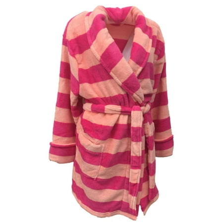 Croft & Barrow Womens Soft Plush Pink & Peach Striped Robe Short Housecoat