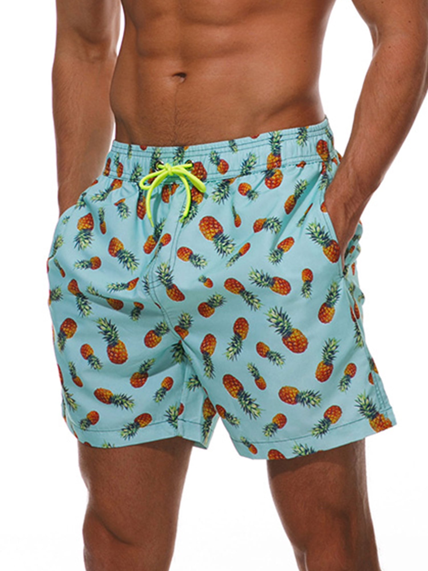 Mens Casual Swim Trunks Polyester Summer Cats Pattern Beachwear with Pockets