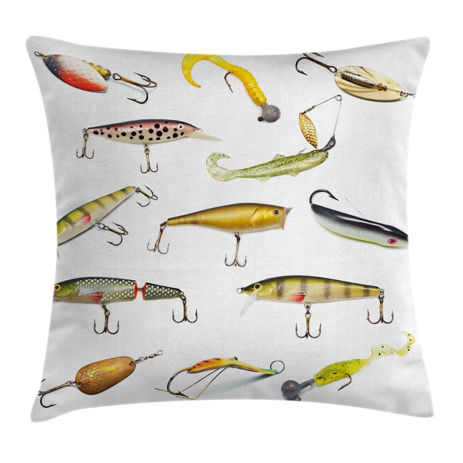 Fishing Decor Throw Pillow Cushion Cover, Fishing Tackle Bait for Spearing Trapping Catching