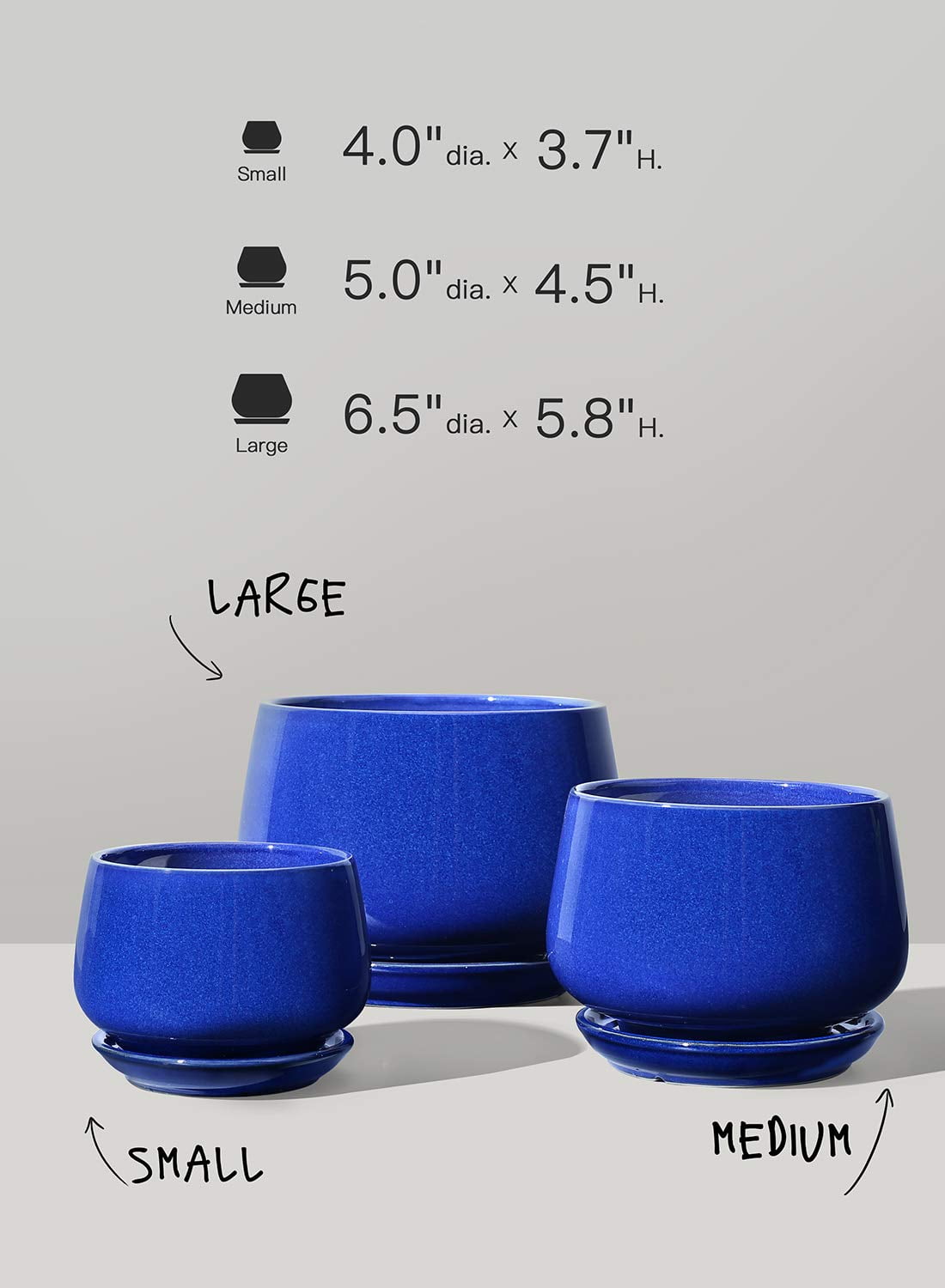 BEMAY Plant Pots, 4.1+5.1+6.5 inch Flower Pots with Drainage Hole and Saucer, Pack of 3 Ceramic Indoor Planters for Home and Office, Sapphire Blue