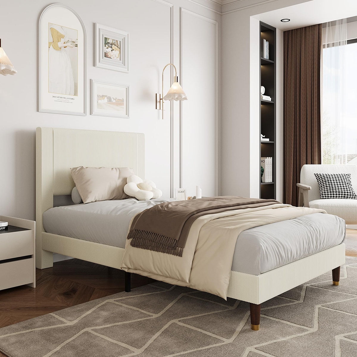Ataucjin Twin/Full/Queen/King Size Platform Bed Frame, Modern Twin Bed Frame with Upholstered Headboard and Strong Metal Slats Support, No Boxing Spring Needed, Easy Assembly