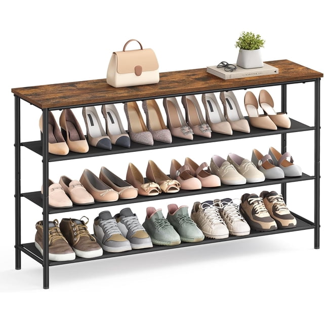 Organizador de Almacenamiento de Zapatos de 5 Niveles para Entrada y clóset, Capacidad para 20-24 Pares de Zapatos, 4 estantes de Tela, Marco de Acero, Industrial, café rústico y